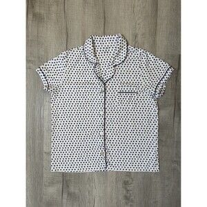 ROLLER RABBIT Cotton Hearts Polo Pajama Button Front Shirt White/Blue Sz L NWOT